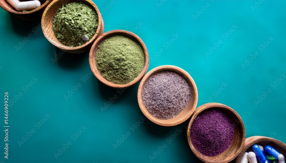 Wooden bowls with colorful herbal powders and capsules arranged diagonally on a teal background.