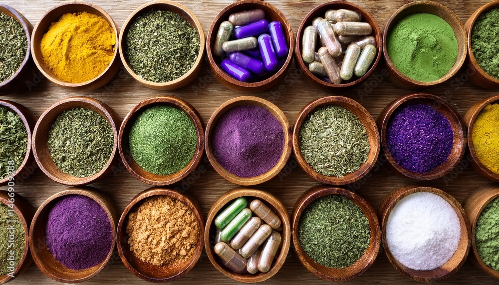 A variety of colorful herbs, powders, and supplement capsules displayed in small wooden bowls on a wooden surface.