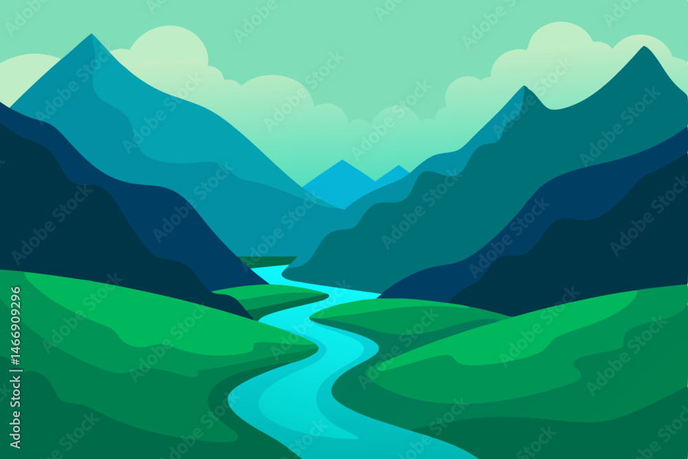 lush valley with a winding river framed by towerin lush valley with a winding river framed by towerin