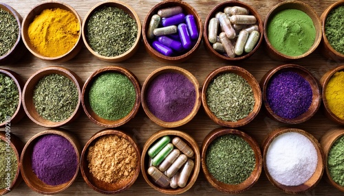 Obraz na płótnie A variety of colorful herbs, powders, and supplement capsules displayed in small wooden bowls on a wooden surface. w salonie