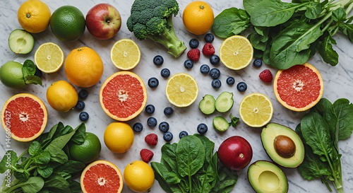 Arrangement of Fresh Fruits and Vegetables on Marble Surface
