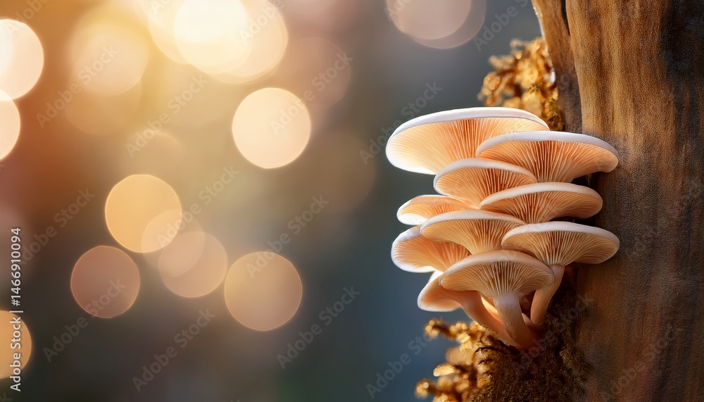 Cluster of mushrooms growing on a tree trunk with warm, soft sunlight and bokeh effect in the background.