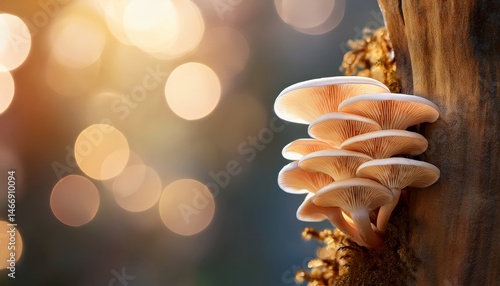 Obraz na płótnie Cluster of mushrooms growing on a tree trunk with warm, soft sunlight and bokeh effect in the background. w salonie