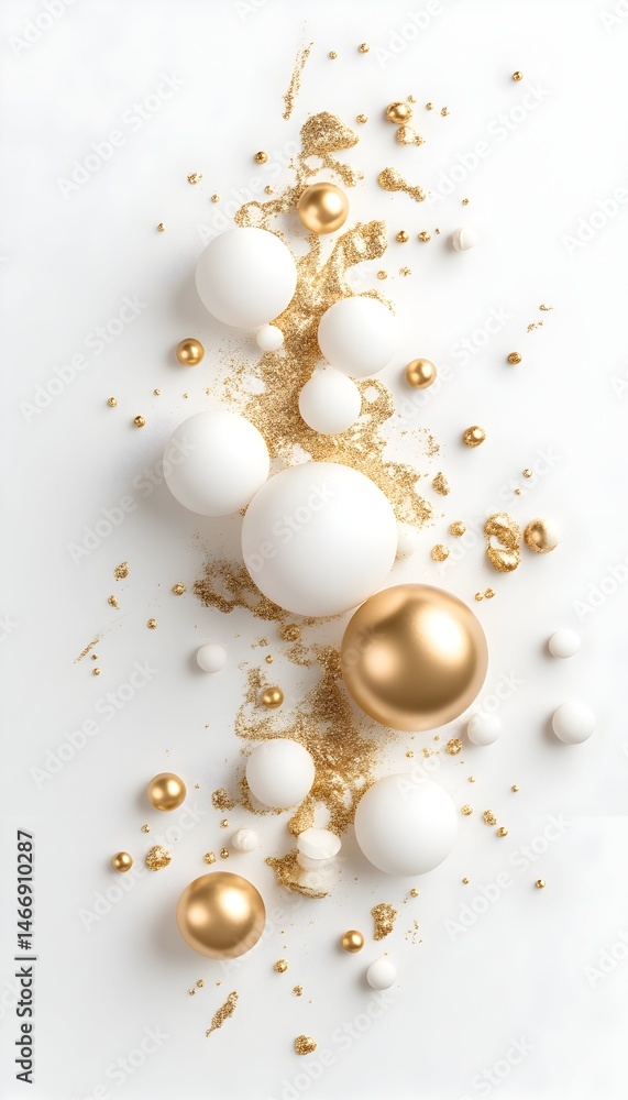 Elegant arrangement of white and gold spheres, scattered on a white backdrop with gold accents Elegant arrangement of white and gold spheres, scattered on a white backdrop with gold accents