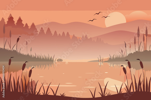 mist covered lake at dawn with reeds and waterfowl 