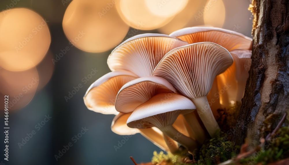 Cluster of mushrooms growing on a tree trunk with soft, glowing bokeh lights in the background.