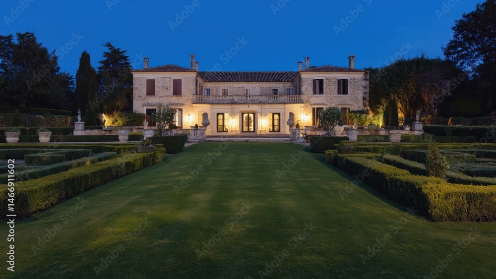 Elegant estate at twilight. Lush gardens surround a historic mansion Elegant estate at twilight. Lush gardens surround a historic mansion