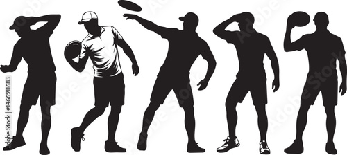 Dynamic silhouettes of people playing disc golf in various action poses