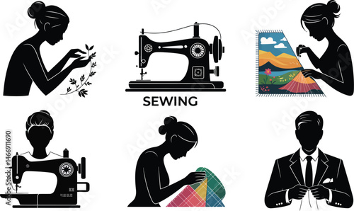 Elegant black silhouette illustrations representing various aspects of the sewing and design professions