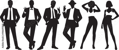 Elegant silhouettes of men in suits and women posing in stylish outfits
