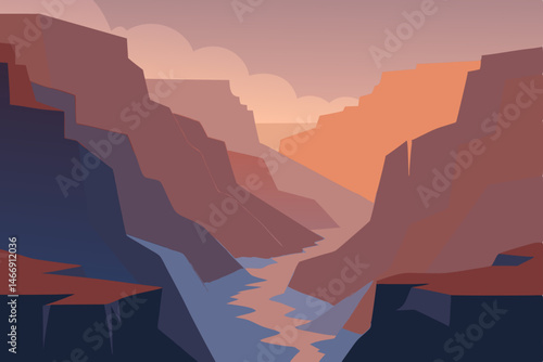 mist shrouded canyon with sharp cliffs and soft 