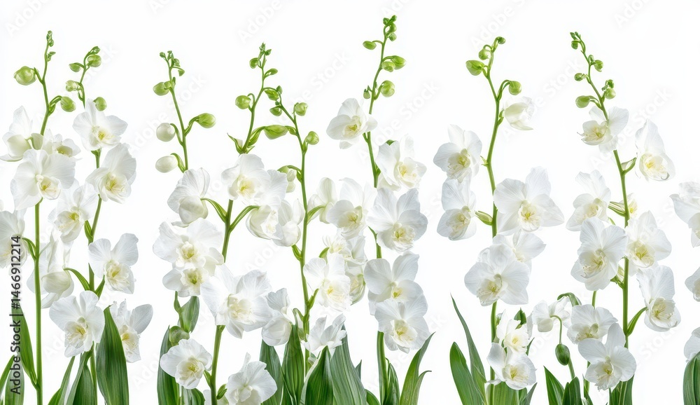 Fototapeta premium Delicate White Flowers Blooming with Green Stems Isolated on White Background Beautiful Blossoms Detailed Petals Springtime Freshness Pure Elegance Botanical Still Life