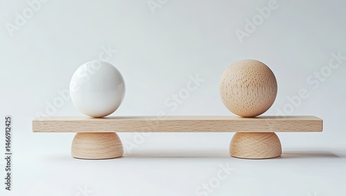 A simple wooden seesaw with a white egg and a light brown ball.  The objects are balanced on either side