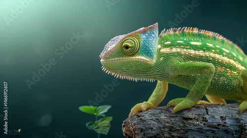Green chameleon on branch macro with soft light