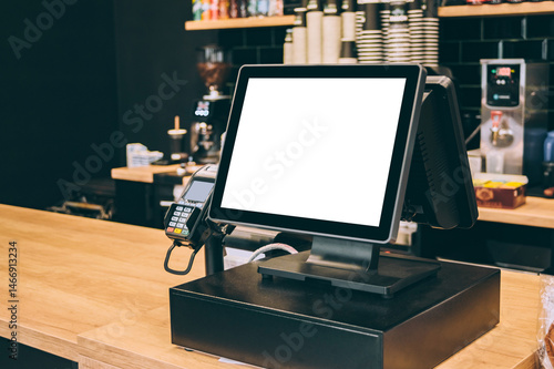 Cash register with blank white screen on wooden counter in cafe.