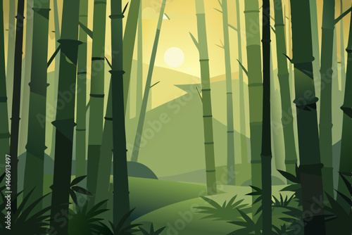 misty bamboo forest with soft sunlight piercing 