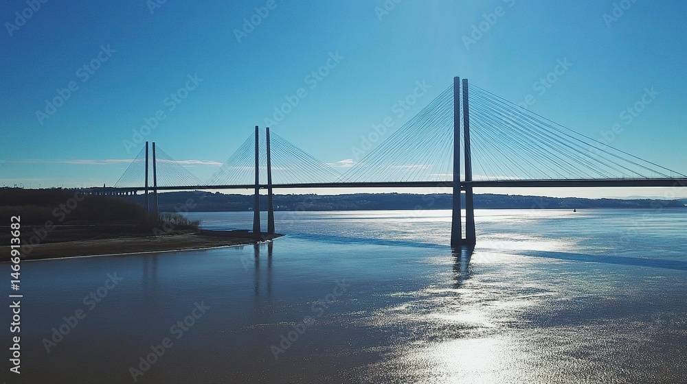 Fototapeta premium An elegant cable-stayed bridge over a vast river, its design accentuated by a clear blue sky and sunlight gleaming off the water's surface. 