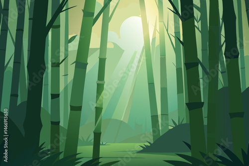 misty bamboo forest with soft sunlight piercing 