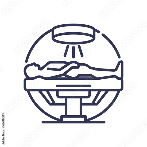 Illustration of a patient on a medical imaging table under a scanner, symbolizing advanced medical diagnostics.