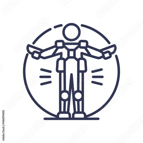 Line art of a robotic exoskeleton symbolizing physical assistance and support.