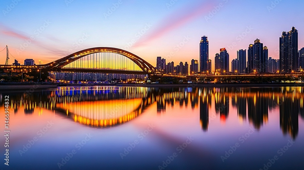 Naklejka premium An iconic suspension bridge glowing in the dusk, its reflection rippling on calm water, with a tranquil city skyline setting the perfect tourism atmosphere. 