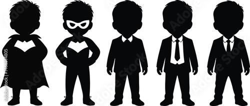 Silhouette illustrations of children in superhero costumes and business attire representing dreams