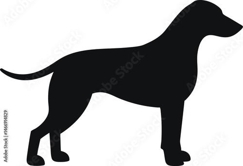 Black silhouette of standing dog isolated on white background in simple pet animal illustration
