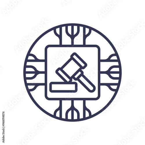 A gavel over a circuit symbolizes tech governance and digital law.