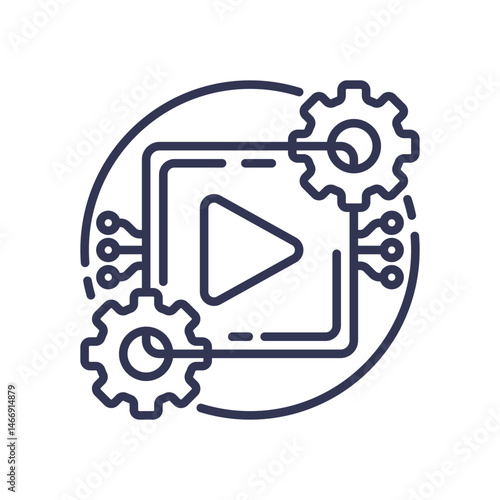 Gears and play button symbolize automated processes and workflow initiation.