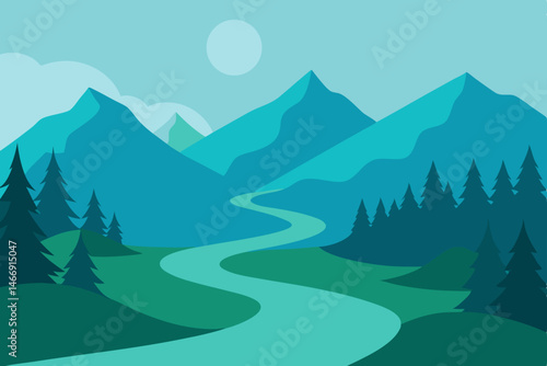 misty pine covered hills with a winding river belo.svg