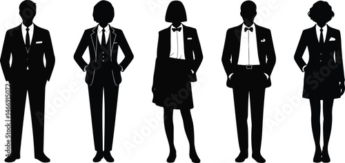 Silhouette illustrations of business professionals standing in elegant formal attire in black and white