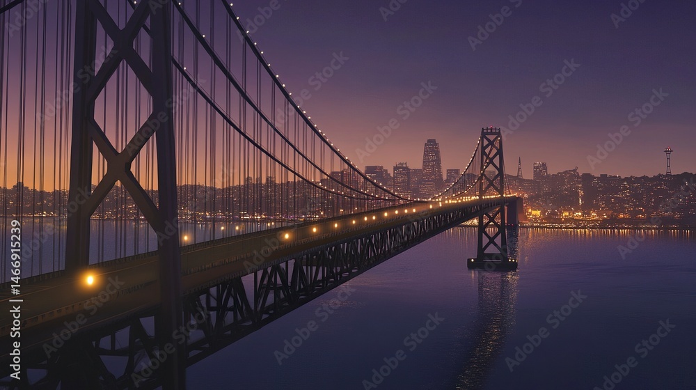 Obraz premium An illuminated suspension bridge glowing at twilight, its elegant cables reflecting in serene water below, with a tranquil cityscape in the dusky background. 