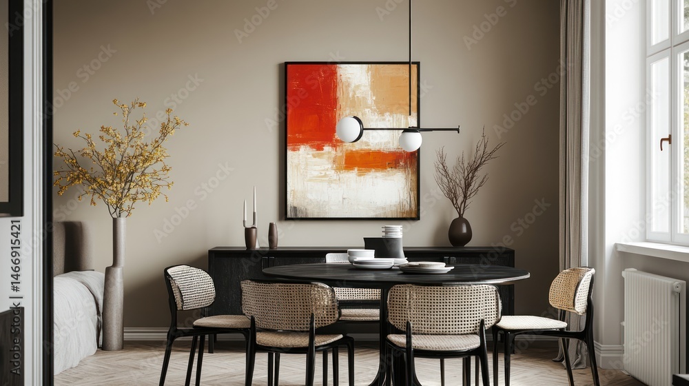 Modern apartment dining room, abstract art, calm background, home decor Modern apartment dining room, abstract art, calm background, home decor