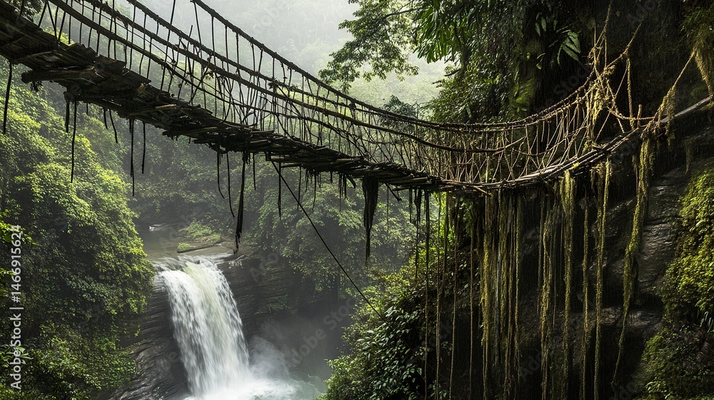 Fototapeta premium An old rope bridge swaying above a mist-shrouded jungle waterfall, its weathered planks blending with the lush green canopy and cascading water below.