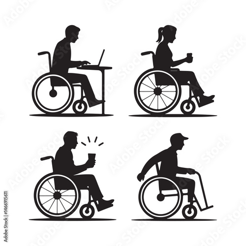 Black Silhouette Icons of Remote Workers and Parents at Home Desks – Minimal Work-from-Home Vector Set