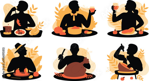 Silhouetted people enjoying thanksgiving dinner or festive feast in a modern vector illustration