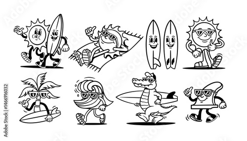 Retro cartoon summer surf vector set. Sun, surfboard, wave, palm tree, alligator characters.
