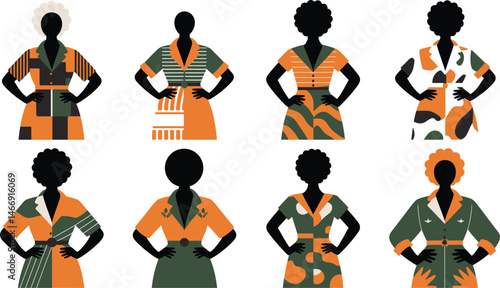 Silhouetted women in stylish dresses demonstrating diversity and fashion design concepts