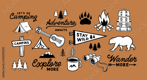 Hand-drawn camping and outdoor adventure vector set with gear, mountains, campfire, tents, trees and quotes.