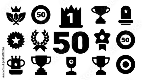 achievement award icon collection featuring vector illustrations of trophies medals badges and celebration symbols ideal for success presentations and certificates