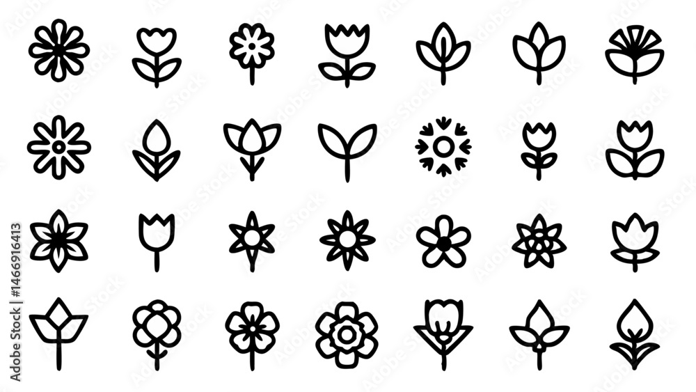Beautiful flowers line icon set offering a refined vector collection of magnolia illustrations suitable for garden visuals, print templates, and floral design elements Beautiful flowers line icon set offering a refined vector collection of magnolia illustrations suitable for garden visuals, print templates, and floral design elements