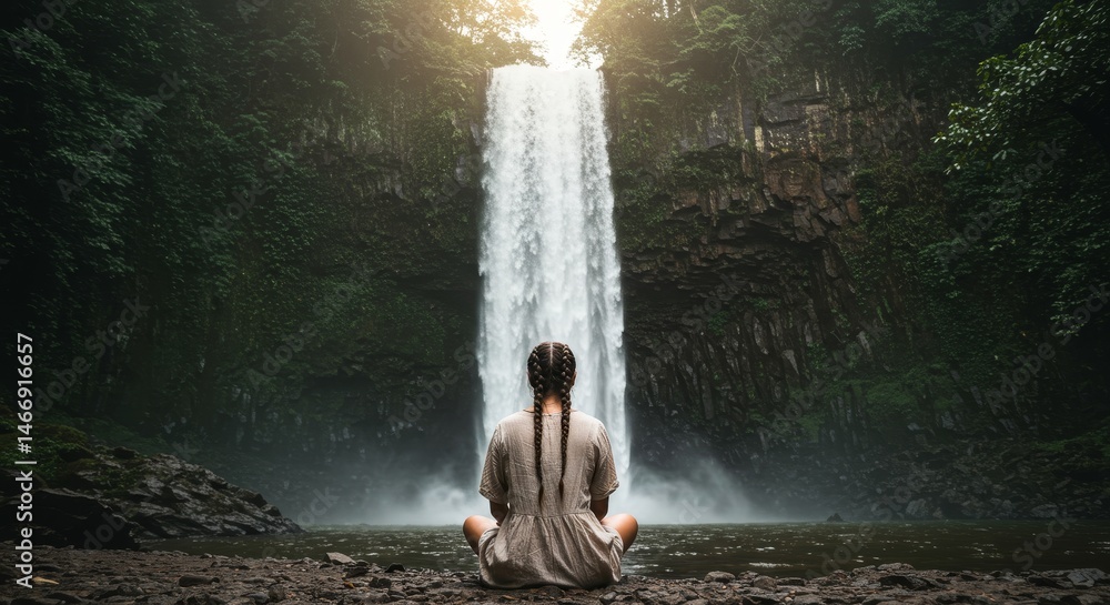 Obraz premium Serenity at the Waterfall's Embrace - Find inner peace amidst nature's majesty. This symbolizes tranquility, mindfulness, connection with nature, spiritual journey, and self-discovery