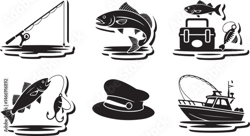 Set of black and white fishing icons depicting angling and related equipment