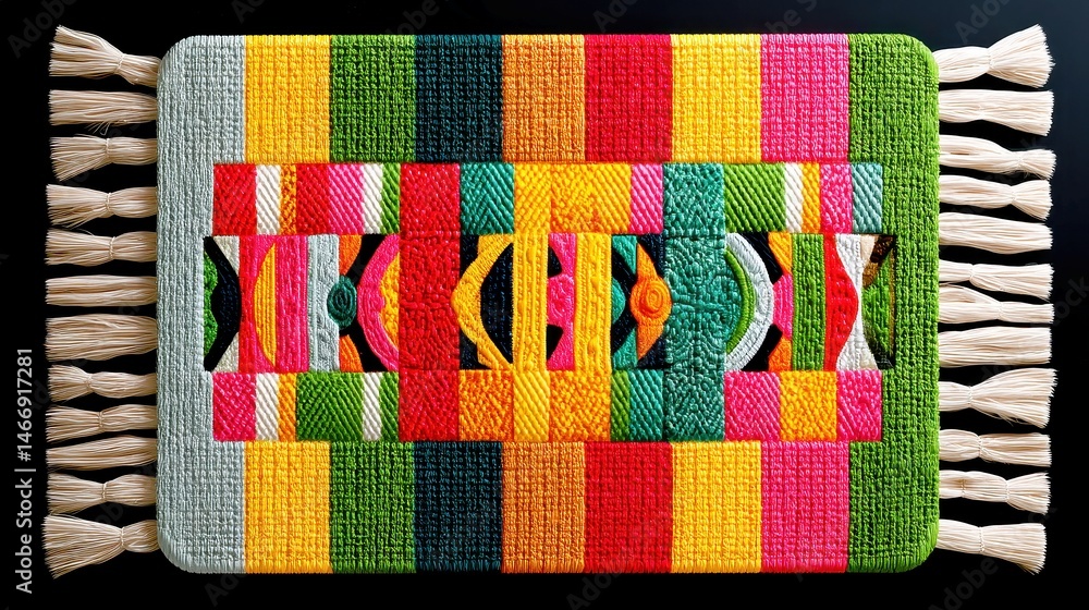 Fototapeta premium Ghanaian Kente Mat, vibrant woven bands of red, yellow, green, and black create intricate patterns symbolizing culture and heritage, ideal for decor or textile appreciation.