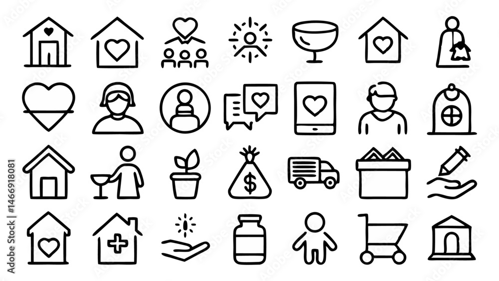 Line Art Style Icons Representing Homelessness Social Services Aid Programs Shelters and Humanitarian Assistance Visuals for Awareness and Outreach Line Art Style Icons Representing Homelessness Social Services Aid Programs Shelters and Humanitarian Assistance Visuals for Awareness and Outreach