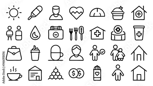 Minimalist Icons for Homeless Support Featuring Line Art Representations of Emergency Housing Social Services Food Banks and Charitable Care Systems