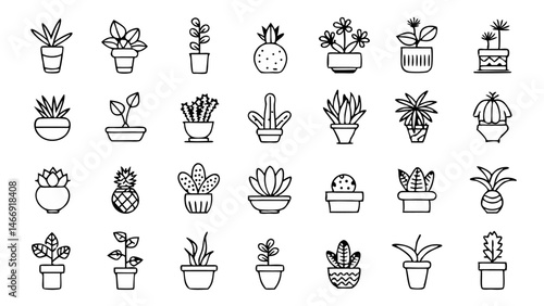 Collection of minimalist houseplants line icons featuring a wide variety of indoor foliage illustrations perfect for interior decor botanical apps and home garden branding