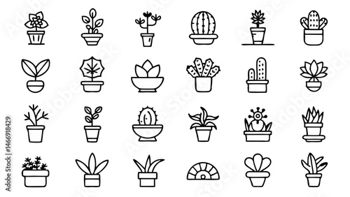 Simple and modern houseplants line icon bundle showcasing decorative indoor plants in pots great for digital design gardening blogs home accessories and print templates