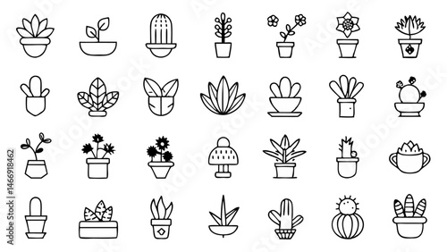 Stylized set of houseplant vector line icons showing indoor greenery including potted succulents and leafy foliage perfect for eco-friendly lifestyle and decor projects