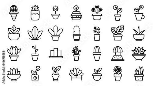 Elegant botanical vector icon set of houseplants in outline style suitable for indoor garden branding lifestyle visuals mobile apps and eco-friendly creative projects